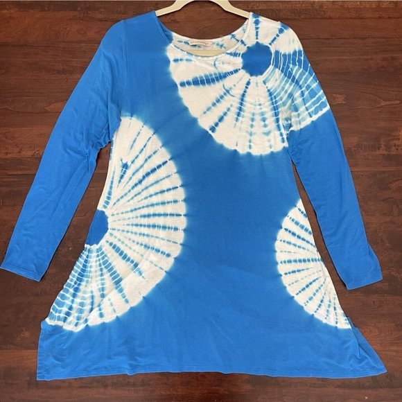 Soft Surroundings Size S Blue Tie Dye Tunic Top Jersey Knit Boho Hippie Stretch‎ - Picture 1 of 13